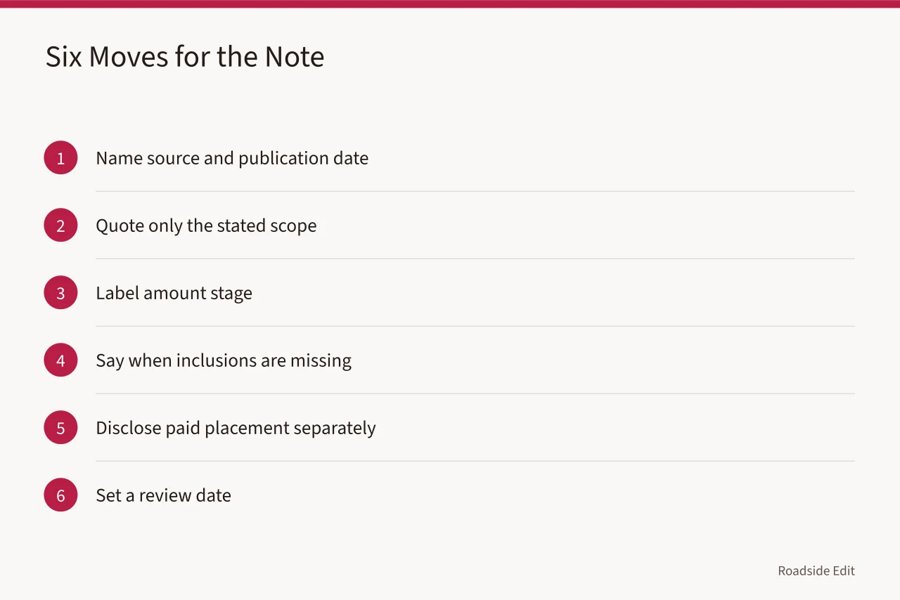 Numbered six-step checklist for writing a diner budget note (How to write vintage diner interior safety budget notes without projected costs)