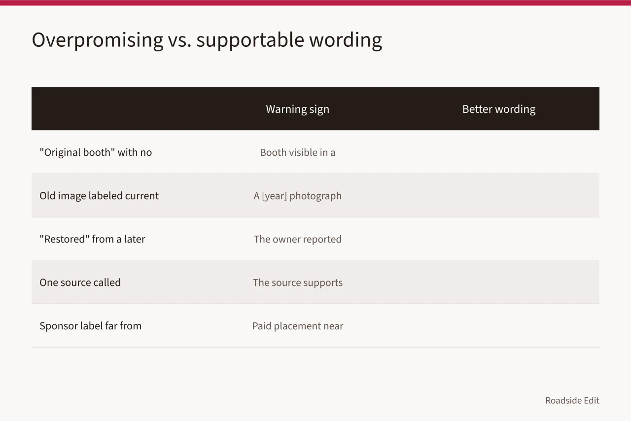 Comparison table of five overpromising warning signs and better wording (Before you run vintage diner interiors copy, check these warning signs)