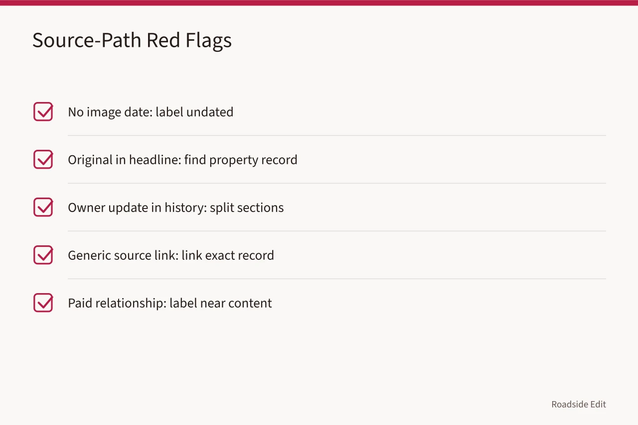 Checklist of five source-path warning signs with fixes (Before you plan vintage diner interiors, spot these red flags early)