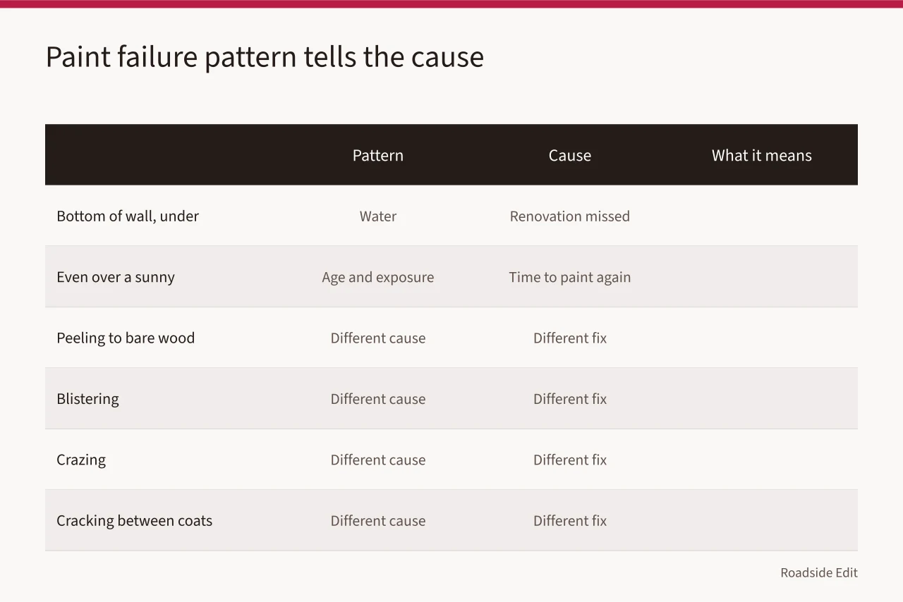 Comparison of paint failure patterns, their causes and what each means (Roadside renovation leaves paint lines and window tops that new visitors miss)